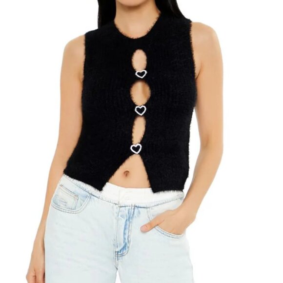 Forever 21 - 2PC Bundle Fuzzy Knit Keyhole Black Pink Sweater Vest Top - Picture 3 of 10
